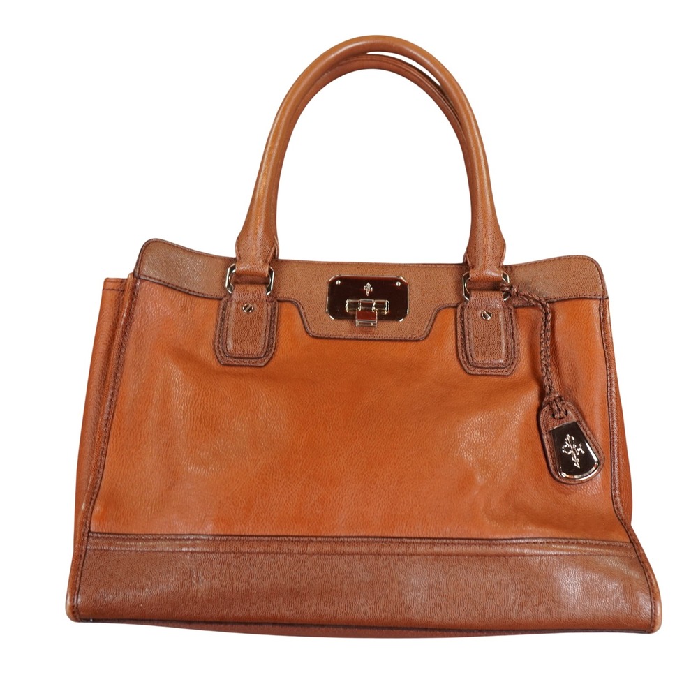 Cole Haan Satchel Handbag Womens Brown Leather Turn Lock Gold Hardware Tote